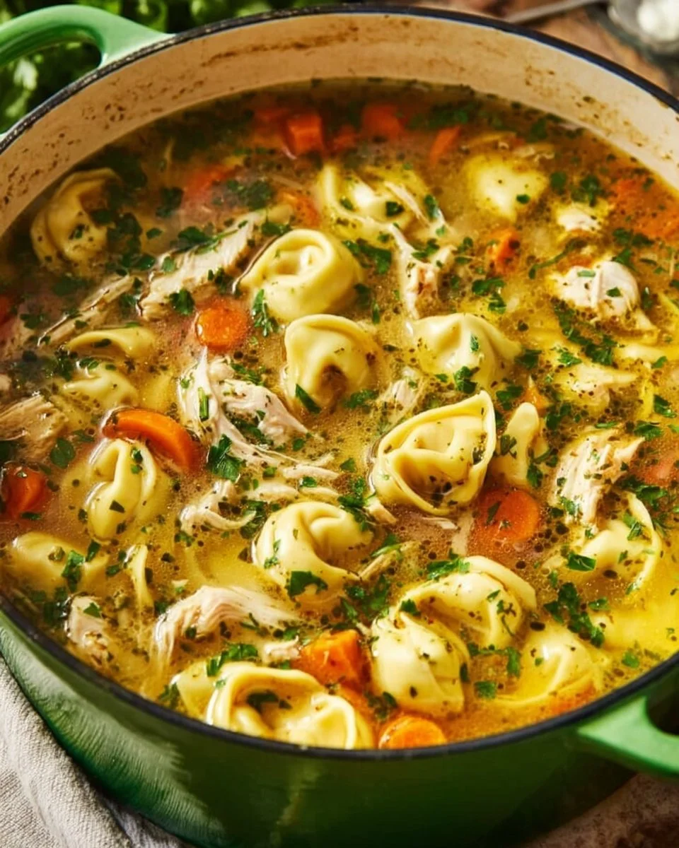 Bowl of Chicken Tortellini soup with fresh herbs and vegetables