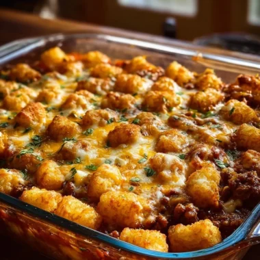 Delicious Chili Cheese Tater Tot Casserole topped with melted cheese and chili