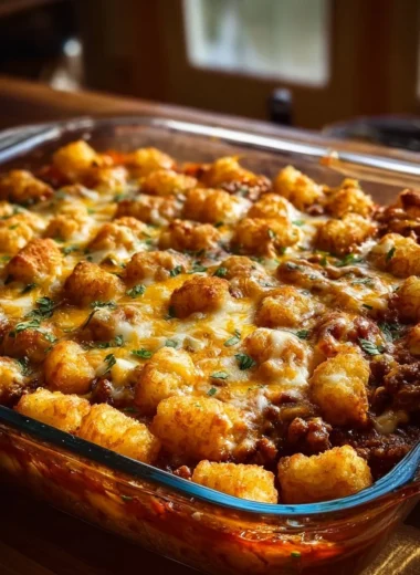 Delicious Chili Cheese Tater Tot Casserole topped with melted cheese and chili
