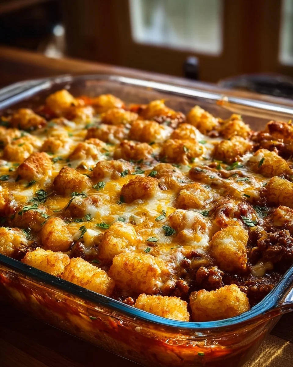 Delicious Chili Cheese Tater Tot Casserole topped with melted cheese and chili