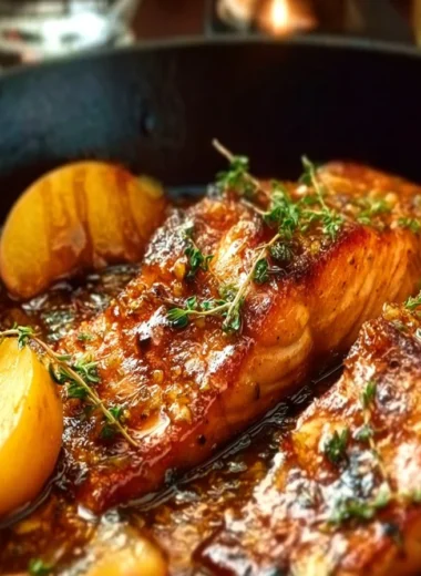 A delicious plate of Christmas baked salmon garnished with herbs and lemon
