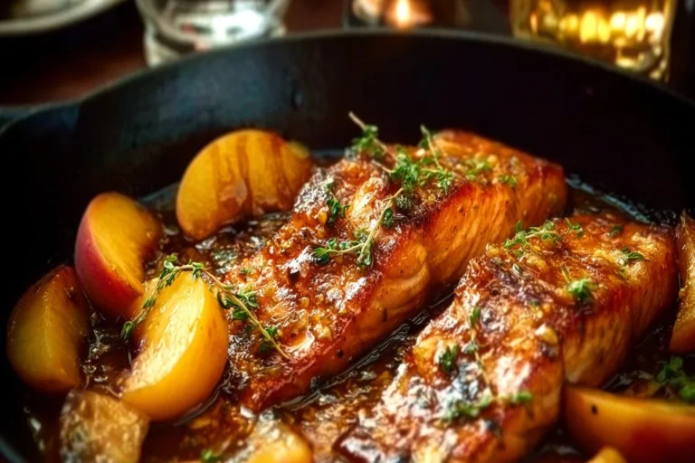A delicious plate of Christmas baked salmon garnished with herbs and lemon