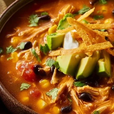 Bowl of Classic Chicken Tortilla Soup topped with tortilla chips and cilantro
