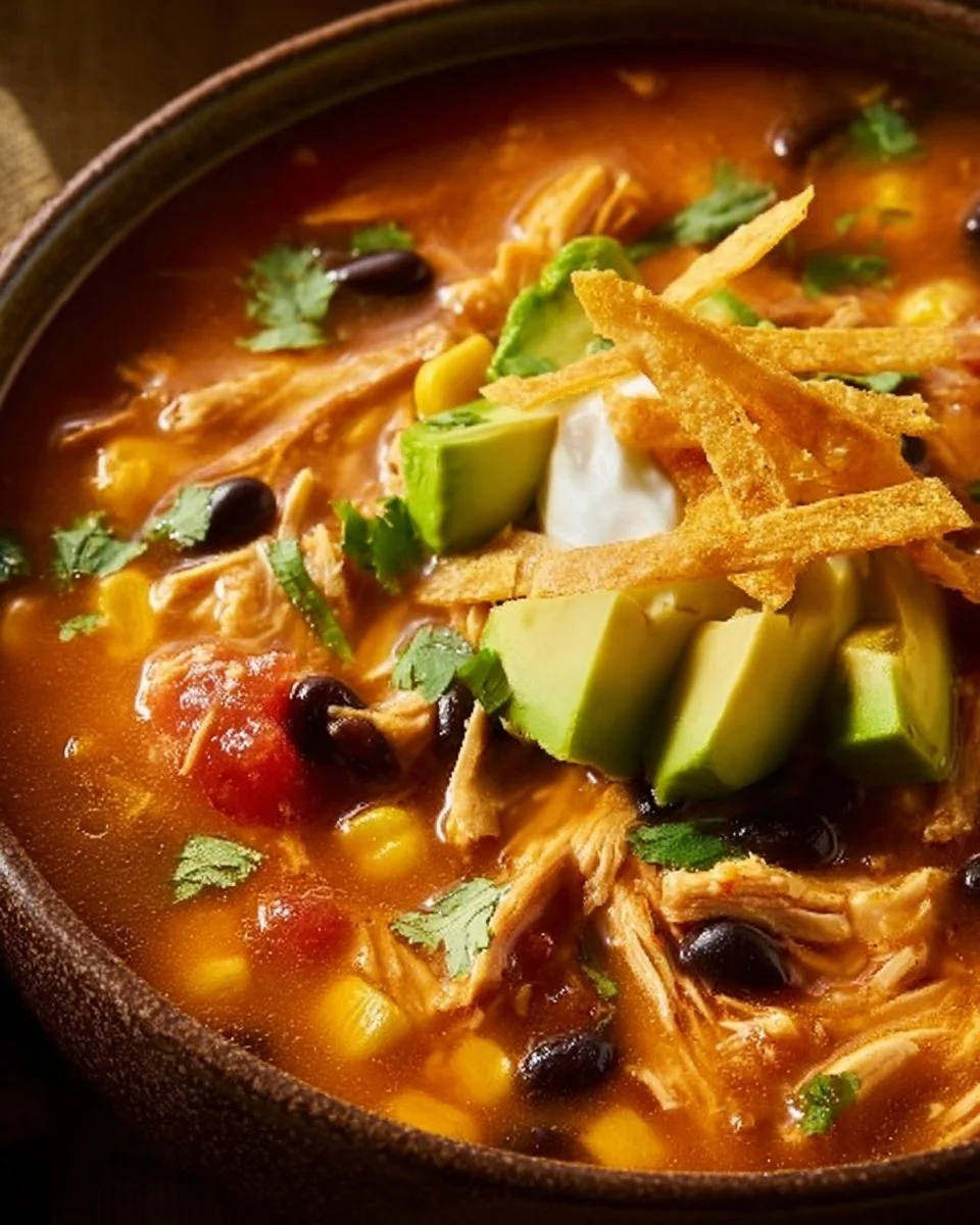 Bowl of Classic Chicken Tortilla Soup topped with tortilla chips and cilantro