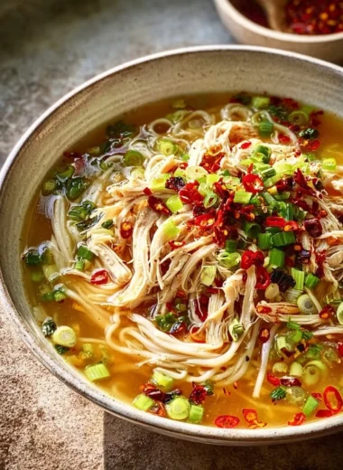Bowl of Classic Ginger Garlic Chicken Noodle Soup with fresh herbs and ingredients