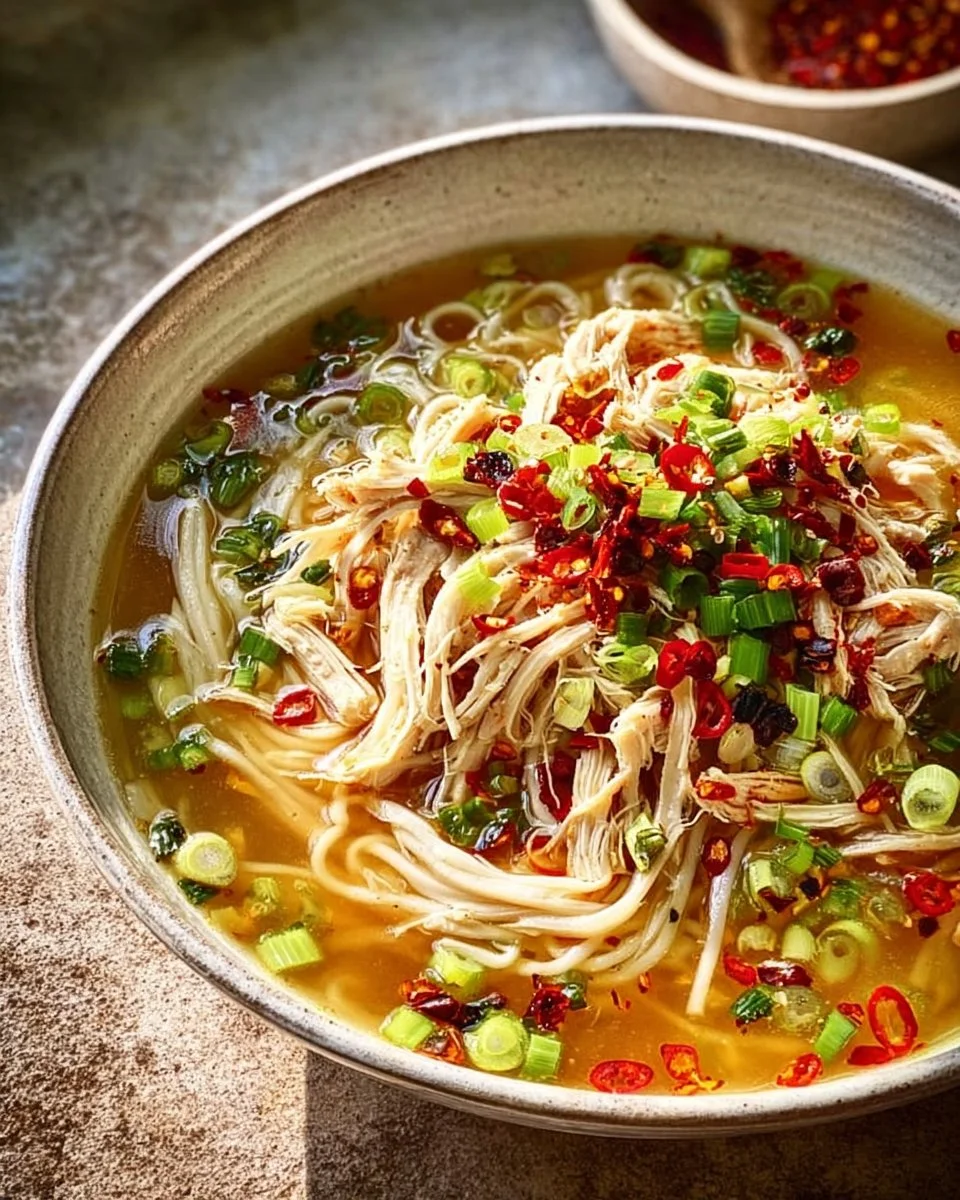 Bowl of Classic Ginger Garlic Chicken Noodle Soup with fresh herbs and ingredients