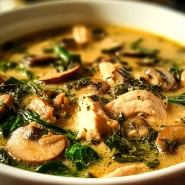 A bowl of clean chicken mushroom soup garnished with herbs