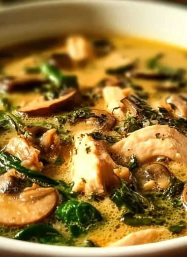 A bowl of clean chicken mushroom soup garnished with herbs