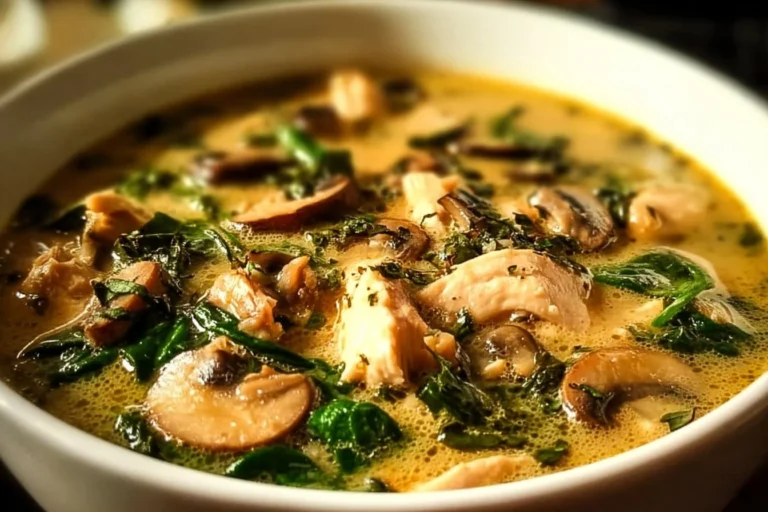 A bowl of clean chicken mushroom soup garnished with herbs
