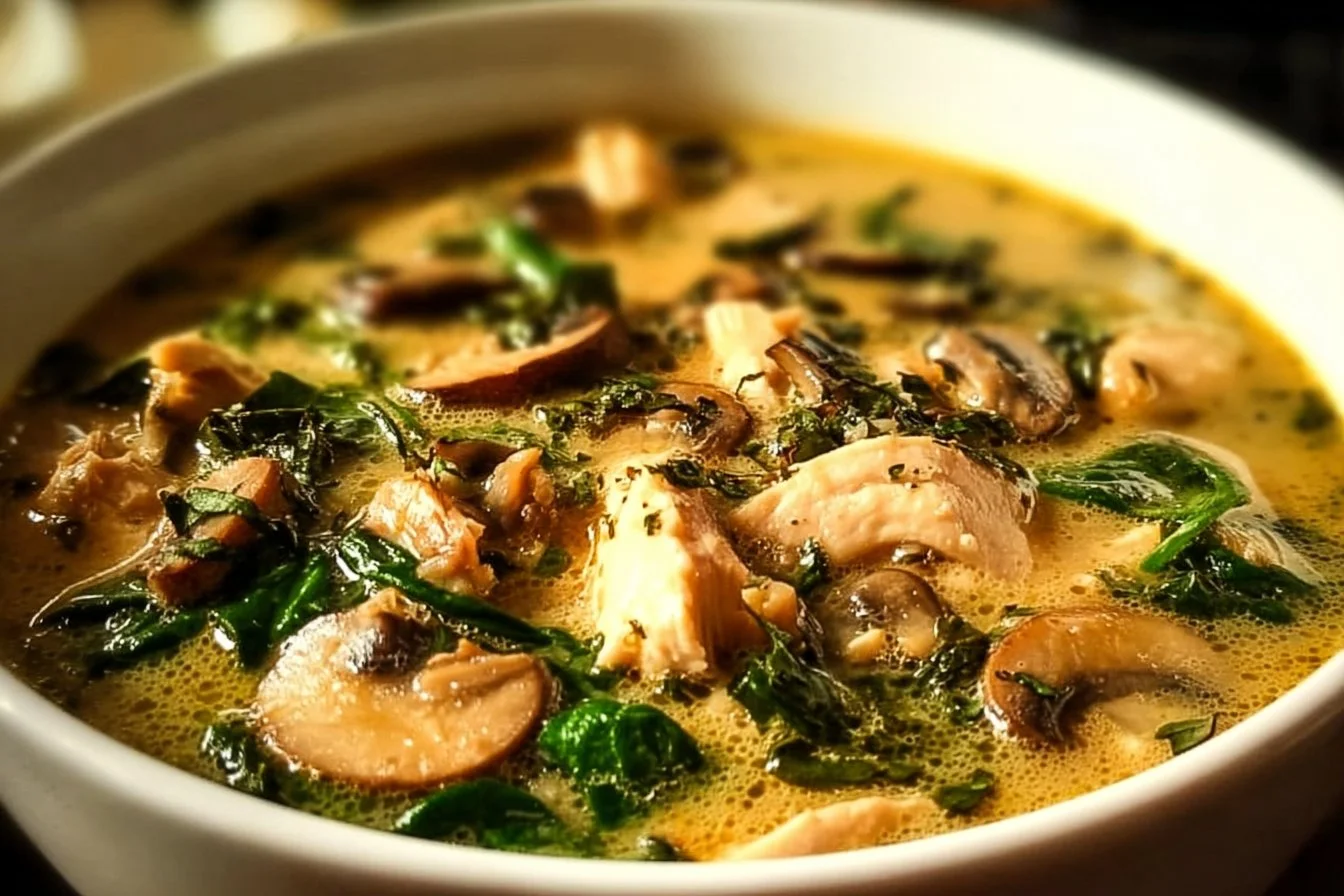 A bowl of clean chicken mushroom soup garnished with herbs