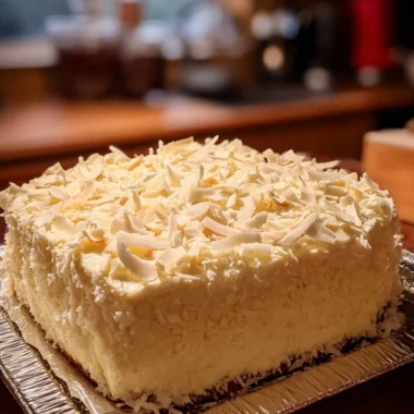 Slice of Coconut Cream Cake topped with whipped cream and coconut shavings.