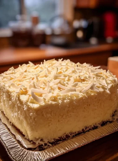 Slice of Coconut Cream Cake topped with whipped cream and coconut shavings.