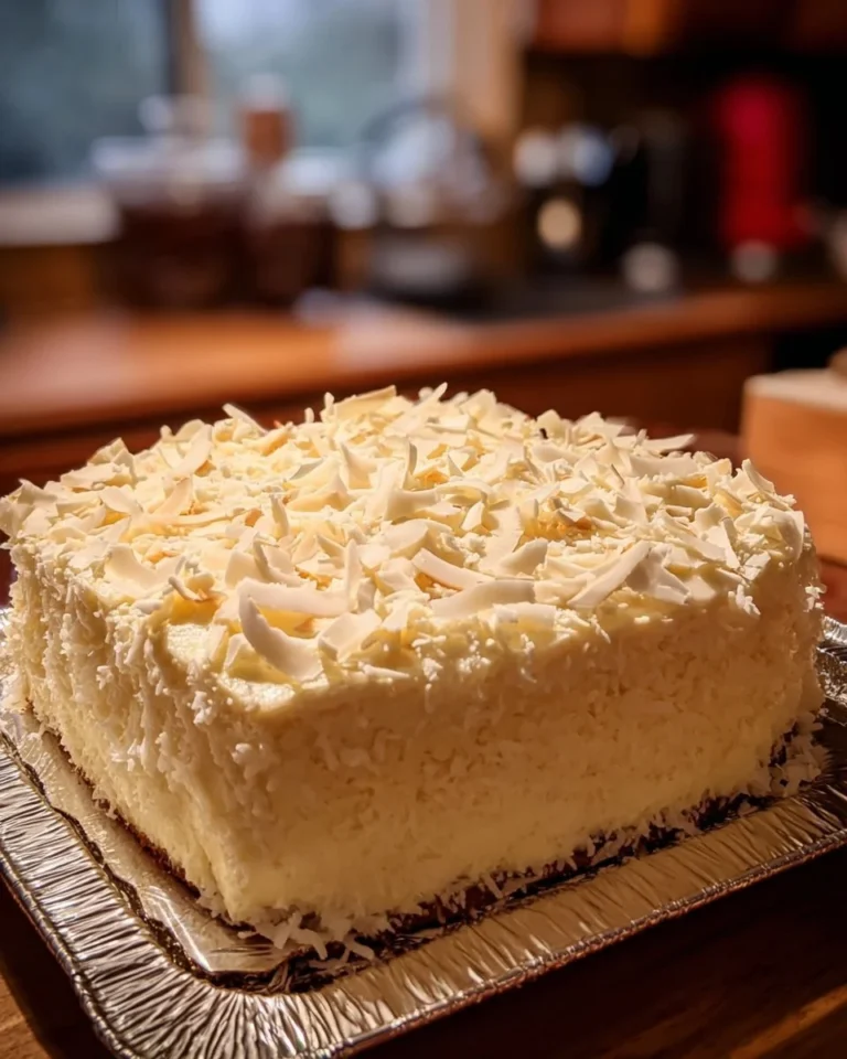 Slice of Coconut Cream Cake topped with whipped cream and coconut shavings.