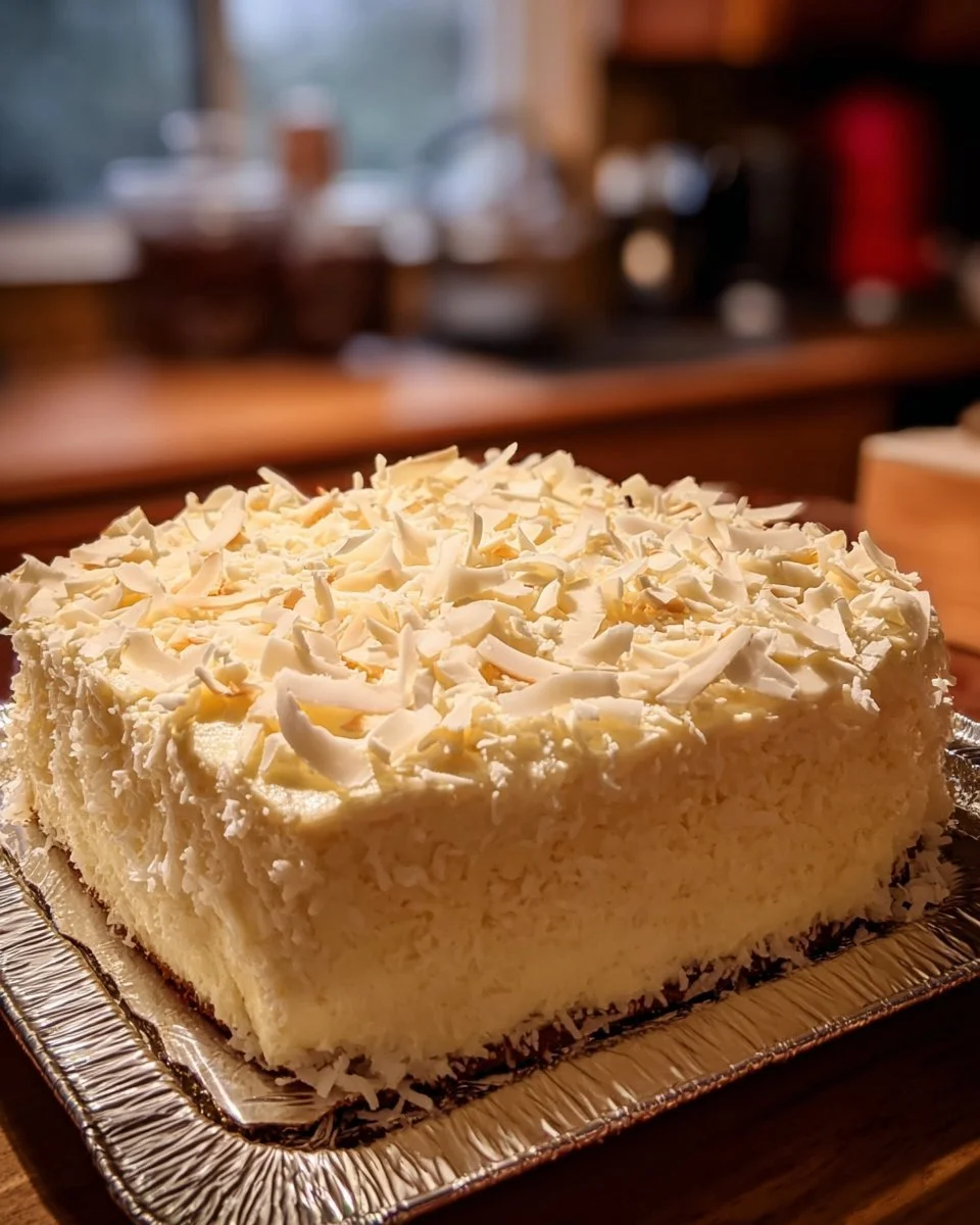 Slice of Coconut Cream Cake topped with whipped cream and coconut shavings.