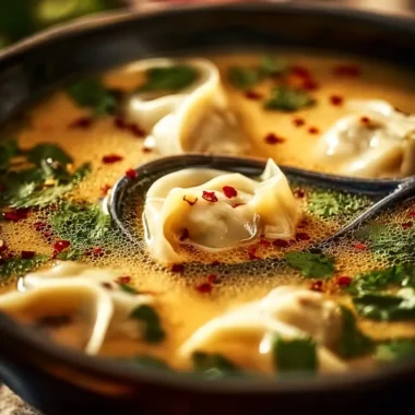Bowl of comforting Thai Potsticker Soup with dumplings and herbs