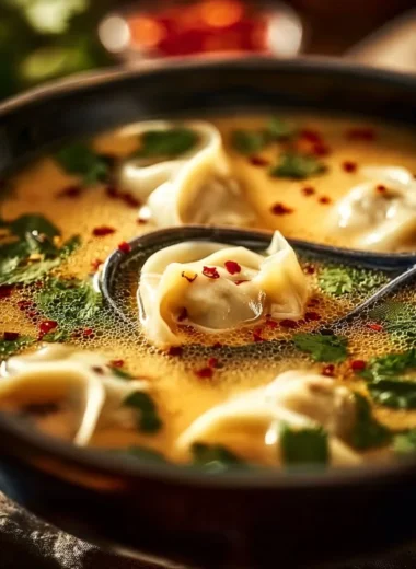 Bowl of comforting Thai Potsticker Soup with dumplings and herbs