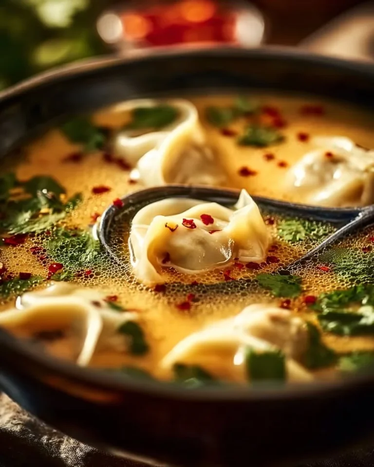 Bowl of comforting Thai Potsticker Soup with dumplings and herbs