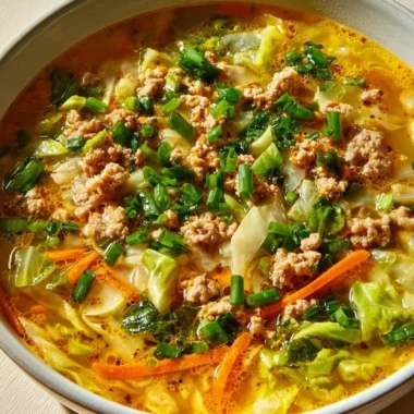 A bowl of cozy one-pot egg roll soup garnished with green onions.