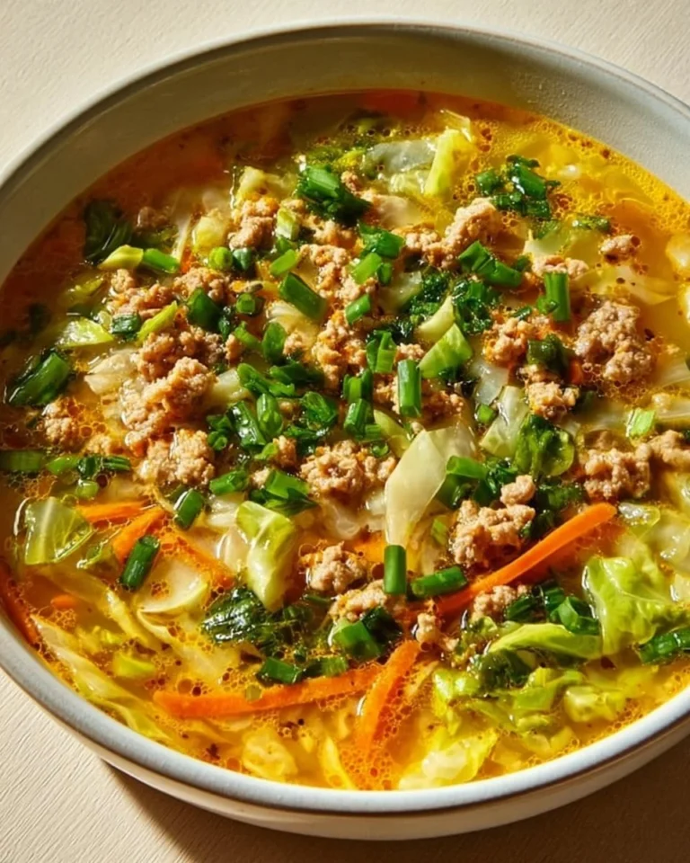 A bowl of cozy one-pot egg roll soup garnished with green onions.