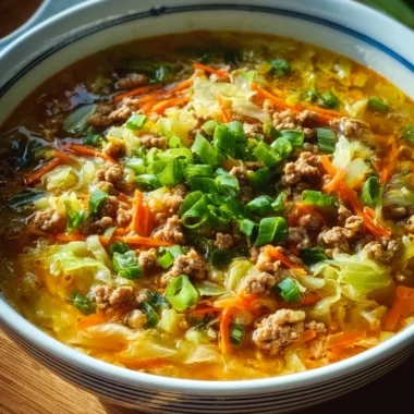 Delicious bowl of cozy one-pot egg roll soup with fresh ingredients