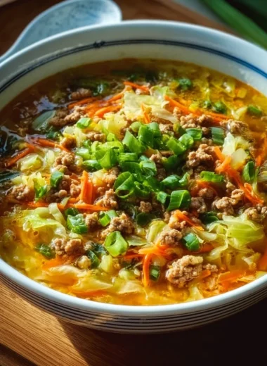 Delicious bowl of cozy one-pot egg roll soup with fresh ingredients