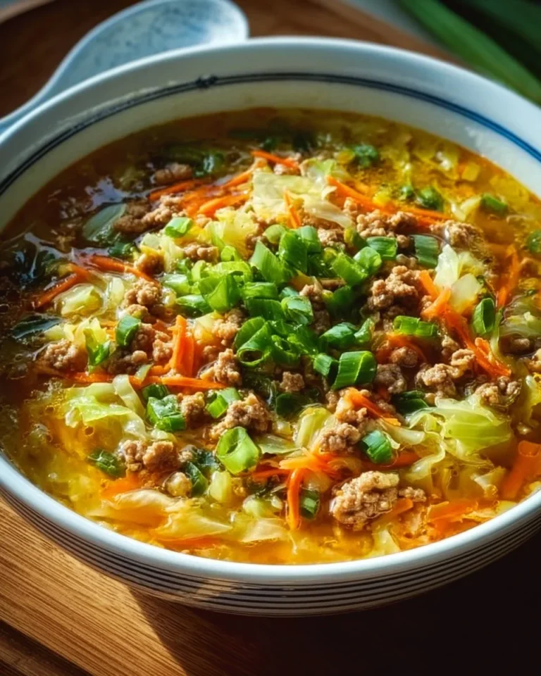 Delicious bowl of cozy one-pot egg roll soup with fresh ingredients