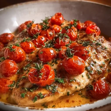 Creamy baked chicken dish served with cherry tomatoes