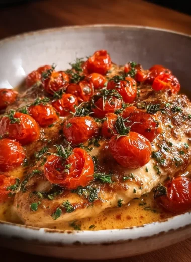 Creamy baked chicken dish served with cherry tomatoes