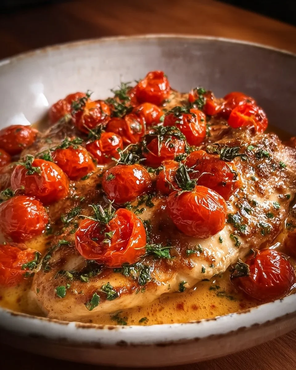 Creamy baked chicken dish served with cherry tomatoes