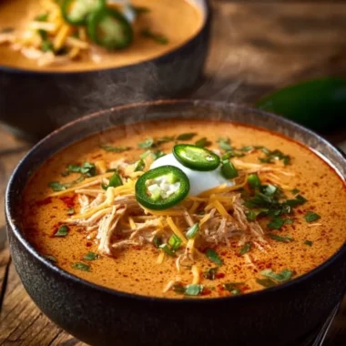 Bowl of creamy chicken enchilada soup with toppings