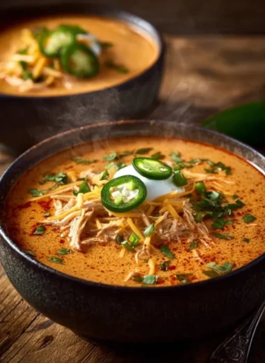 Bowl of creamy chicken enchilada soup with toppings