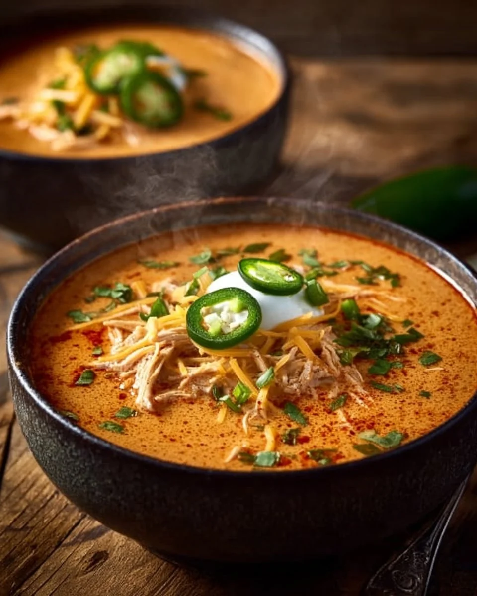 Bowl of creamy chicken enchilada soup with toppings