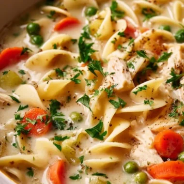 Delicious creamy chicken noodle soup in a bowl, garnished with herbs