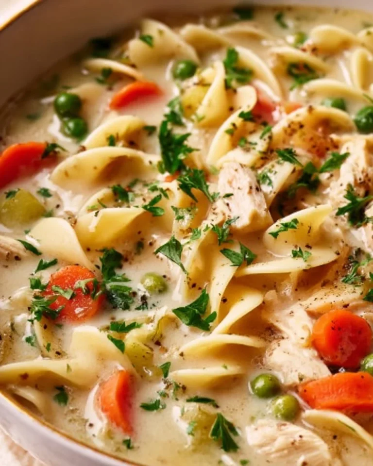 Delicious creamy chicken noodle soup in a bowl, garnished with herbs