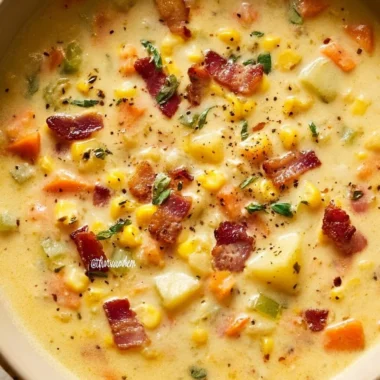 Bowl of creamy corn chowder garnished with fresh herbs.
