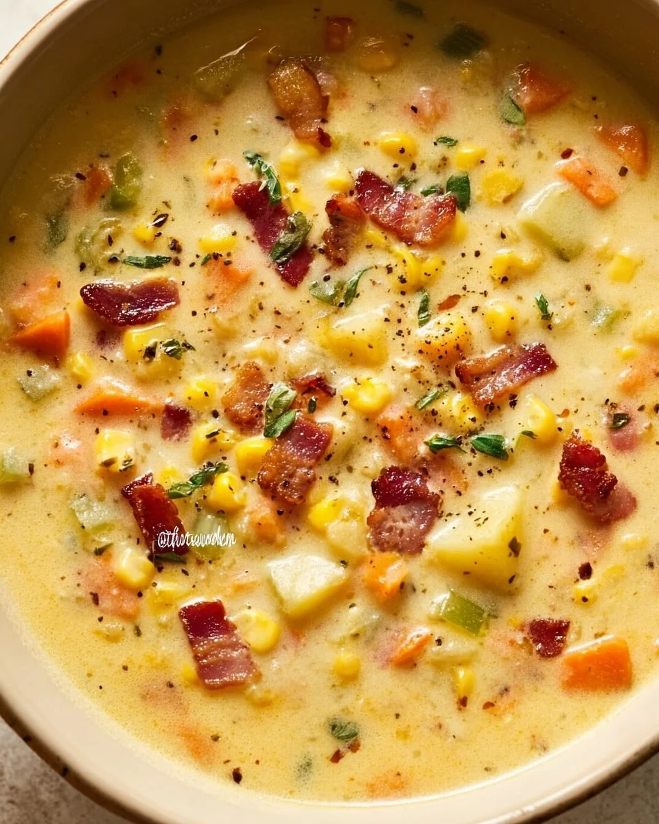Bowl of creamy corn chowder garnished with fresh herbs.