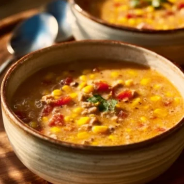 Bowl of creamy cowboy soup with fresh vegetables and seasonings