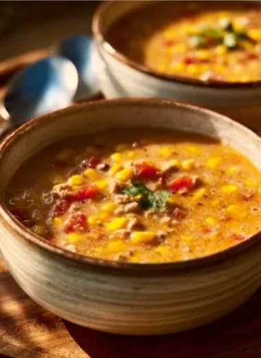 Bowl of creamy cowboy soup with fresh vegetables and seasonings