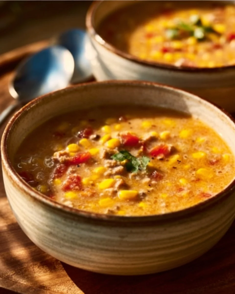 Bowl of creamy cowboy soup with fresh vegetables and seasonings
