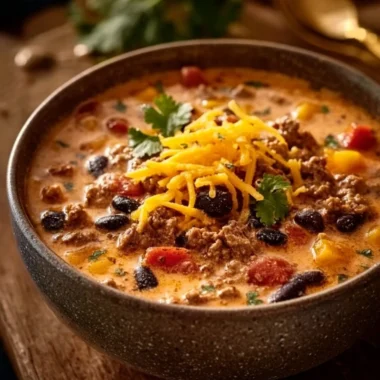 A delicious bowl of creamy cowboy soup garnished with fresh herbs.