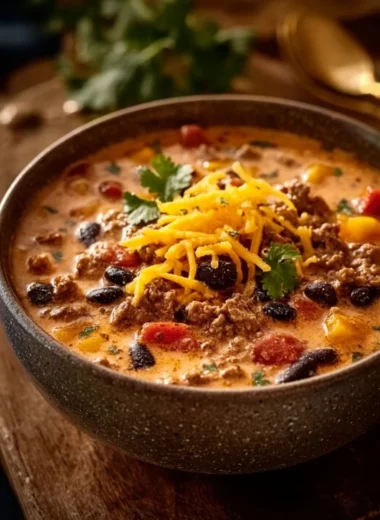 A delicious bowl of creamy cowboy soup garnished with fresh herbs.