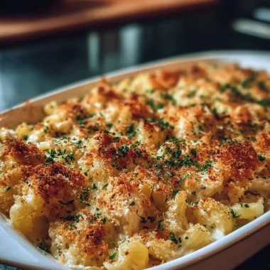 Creamy garlic parmesan chicken pasta bake served in a dish