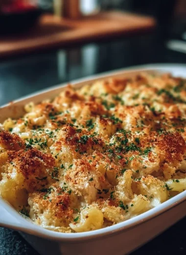 Creamy garlic parmesan chicken pasta bake served in a dish