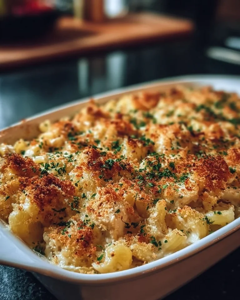Creamy garlic parmesan chicken pasta bake served in a dish