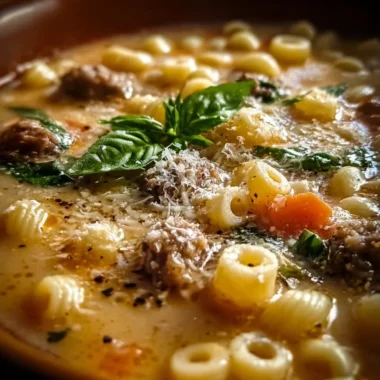 Bowl of creamy Italian sausage ditalini soup garnished with herbs and vegetables