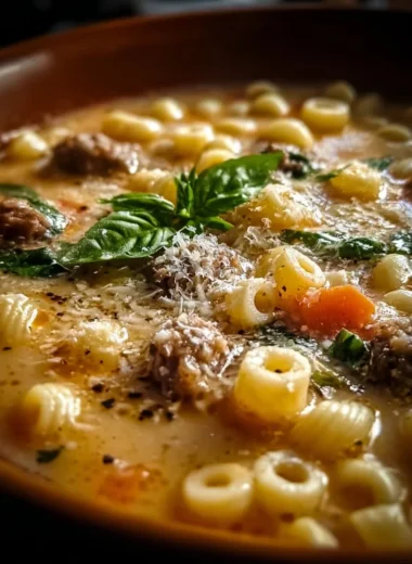 Bowl of creamy Italian sausage ditalini soup garnished with herbs and vegetables