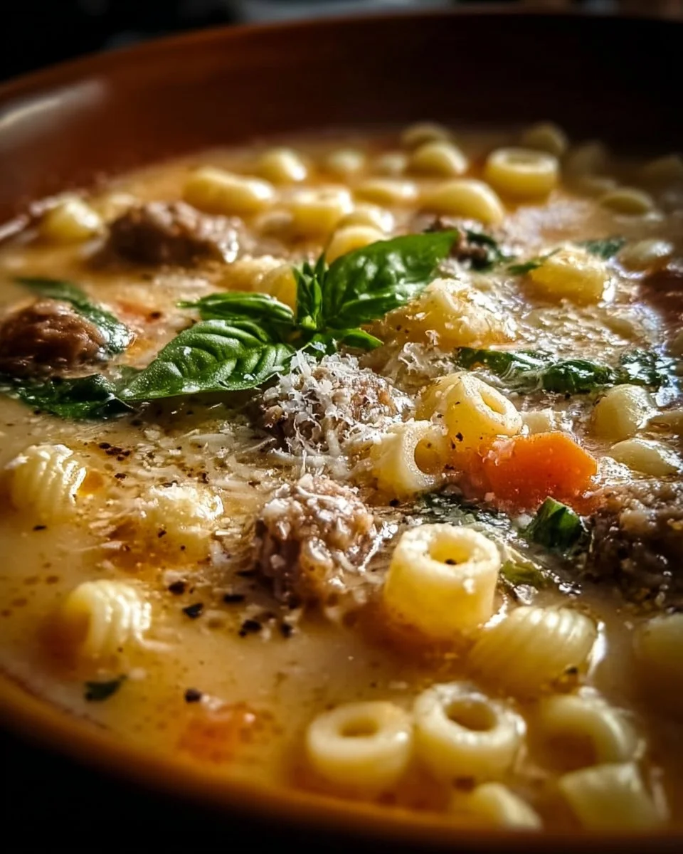 Bowl of creamy Italian sausage ditalini soup garnished with herbs and vegetables