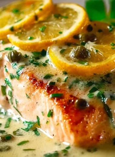 Creamy lemon garlic salmon piccata served with capers and fresh herbs