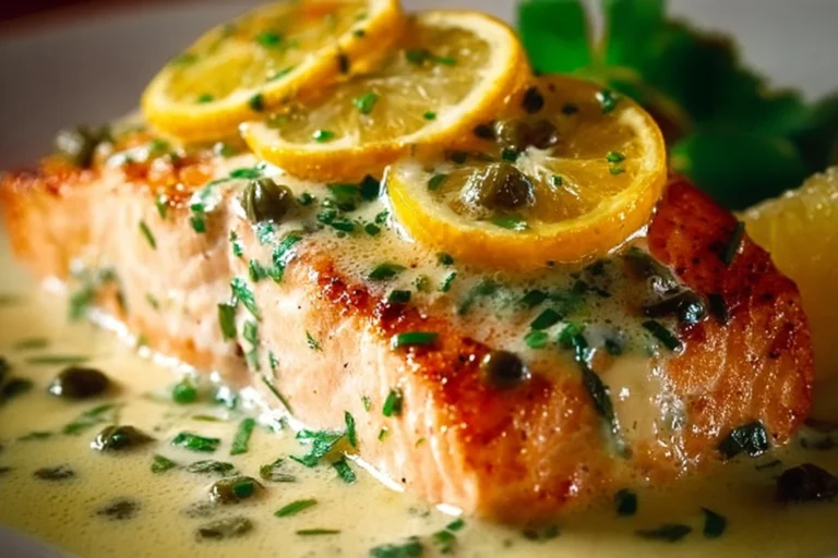 Creamy lemon garlic salmon piccata served with capers and fresh herbs