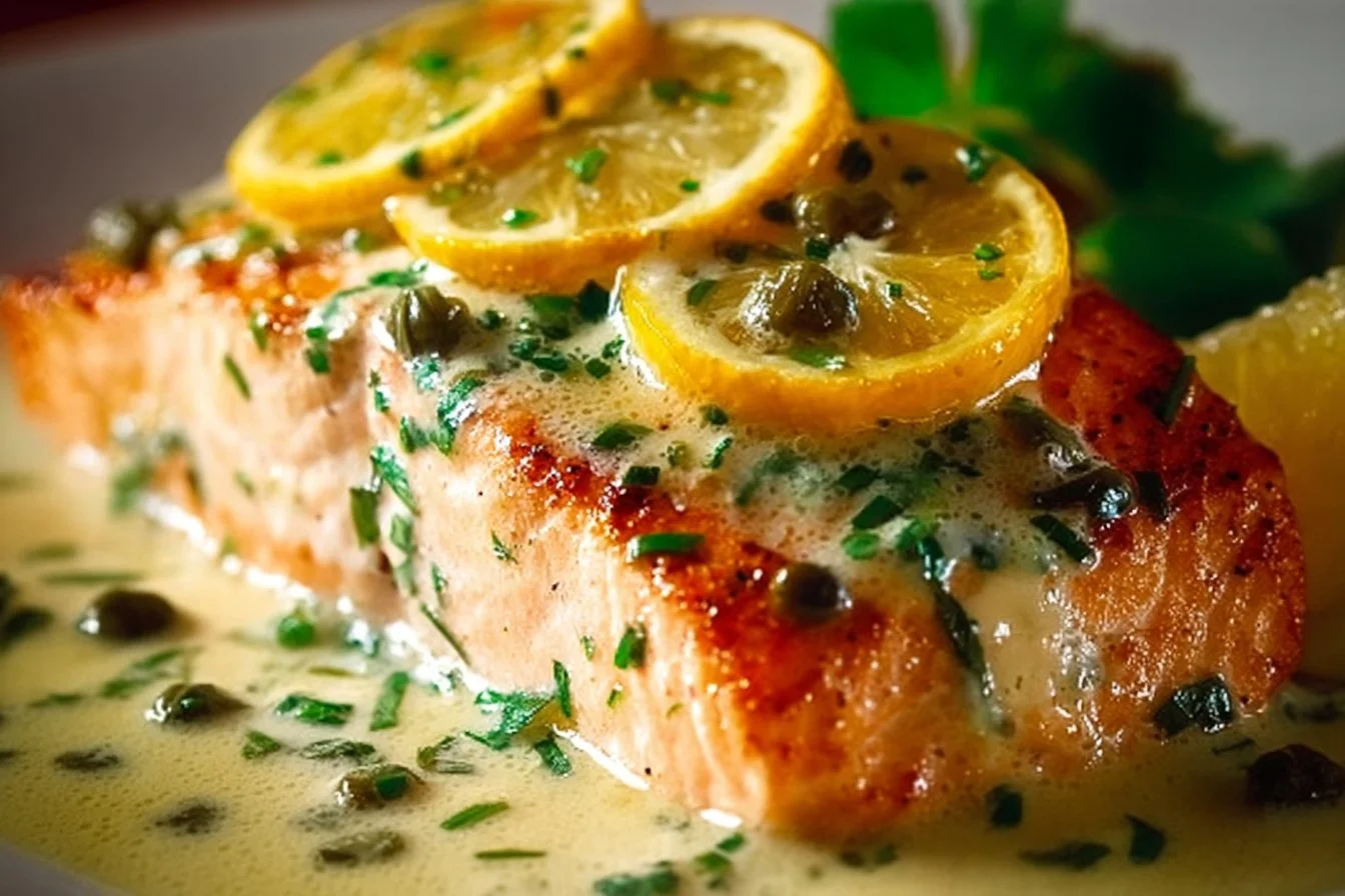 Creamy lemon garlic salmon piccata served with capers and fresh herbs